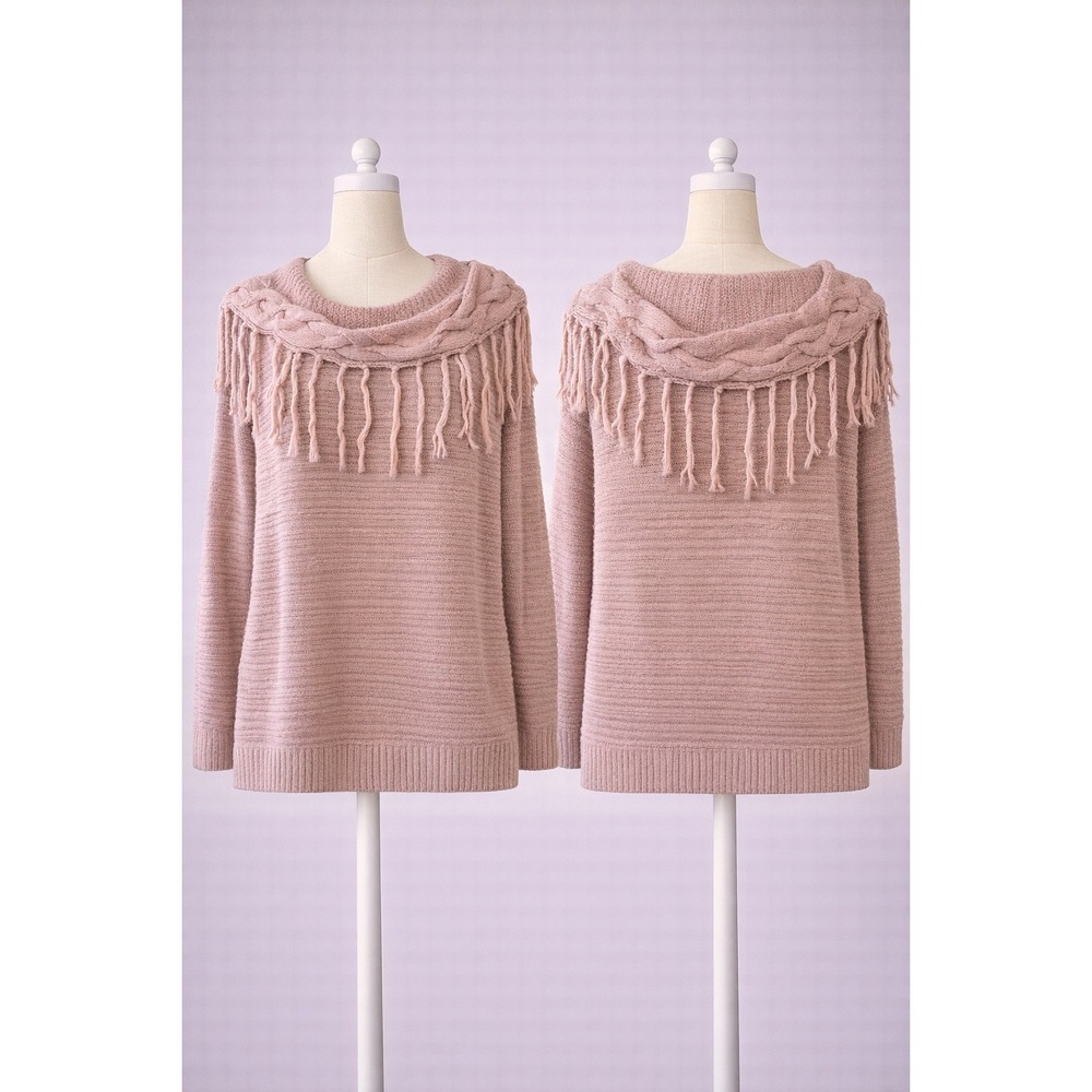 New York & Company Rose Gold Metallic Fringe Cowl Knit Sweater XL‎